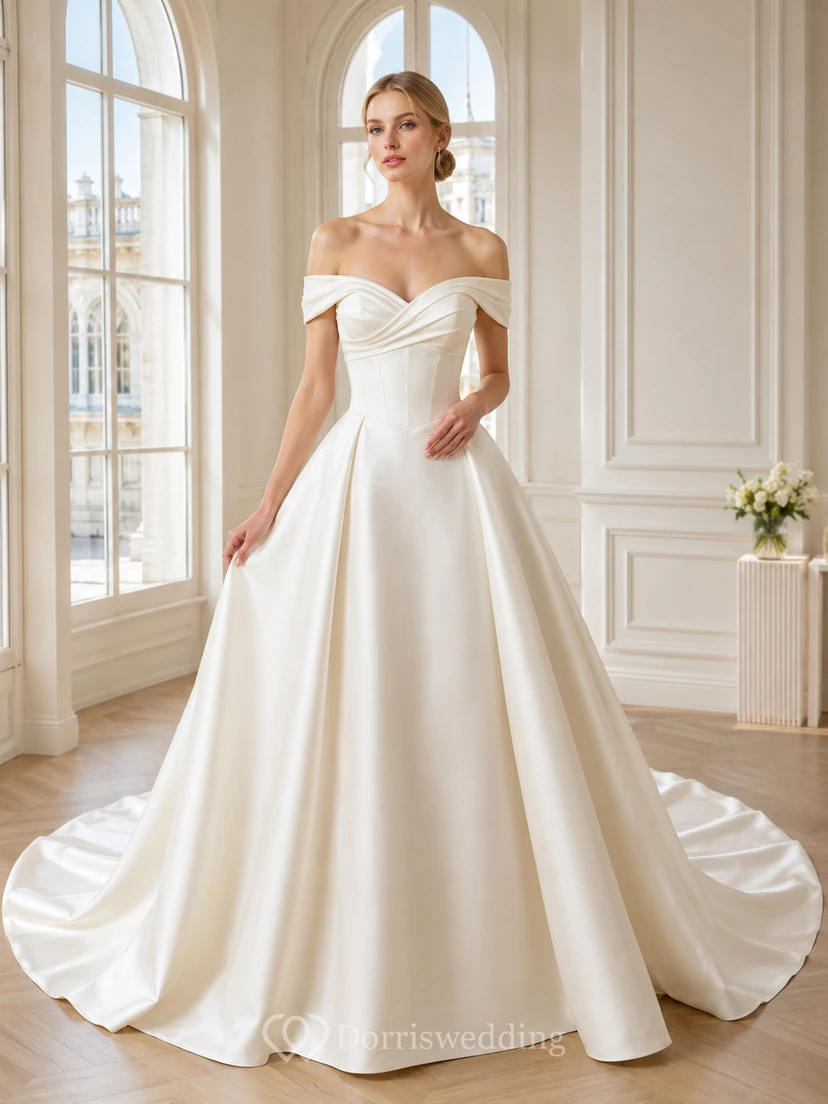 Robe de bal en satin à épaules dénudées et décolleté cœur, boutonnée, traîne courte