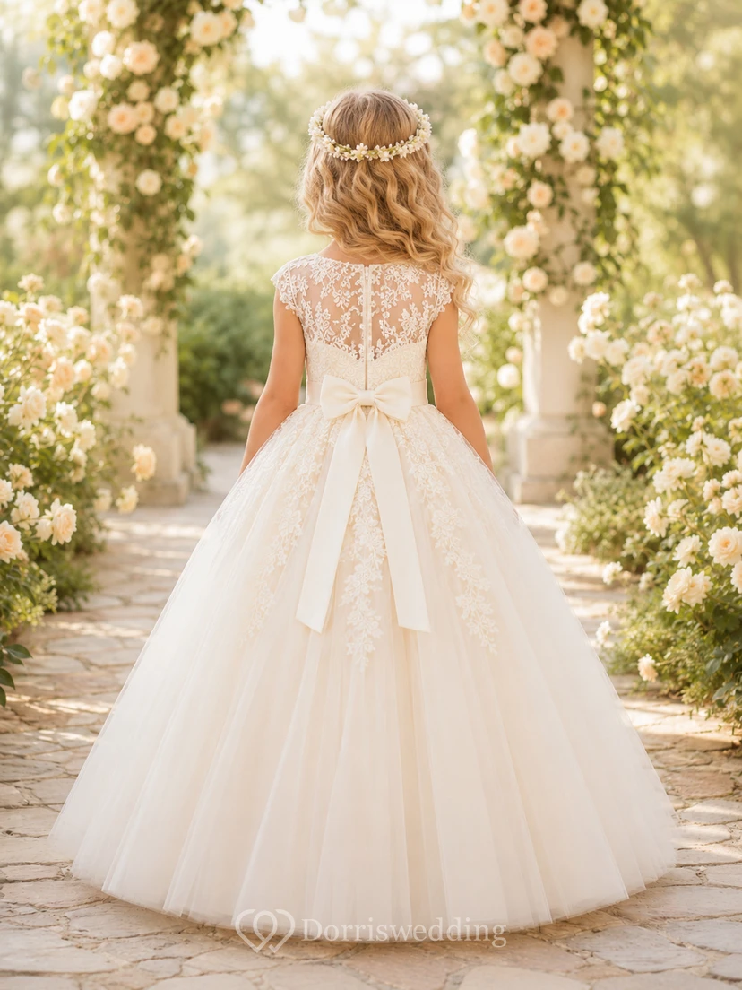 Flower Girl Dress Champagne Lace Tulle Ball Gown Jewel Neck Floor Length Sash Detail view 2