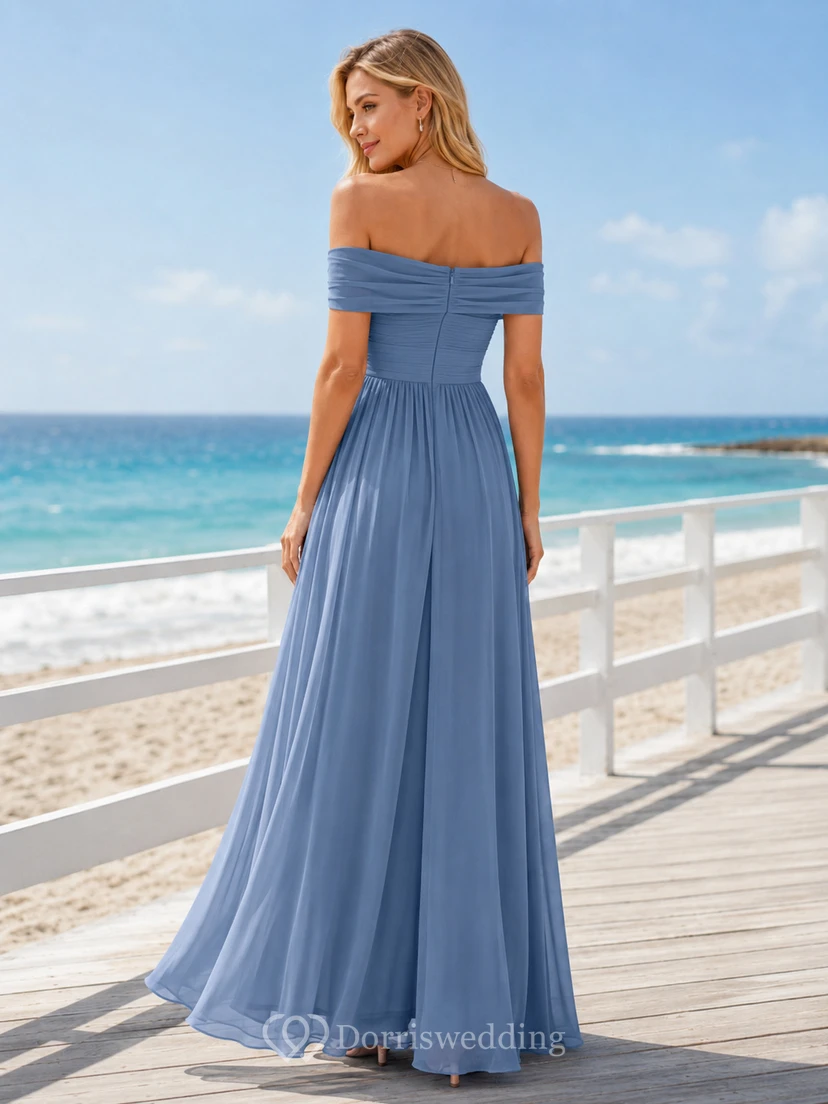 Himmelblaues Strandhochzeitsgastkleid, A-Linie, Chiffon, schulterfrei, ärmellos, bodenlang, gerafftes Oberteil
