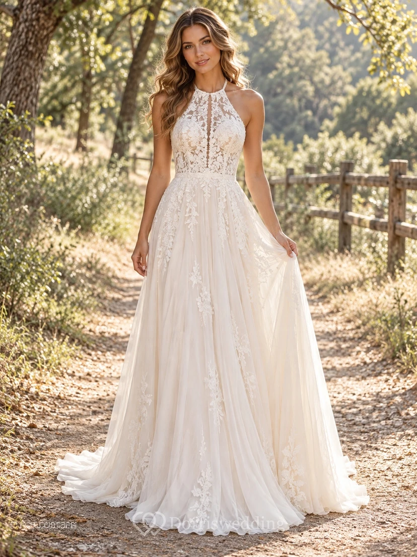 Boho Halter Floral Lace Flowing Chiffon Sleeveless A-line Wedding Dress
