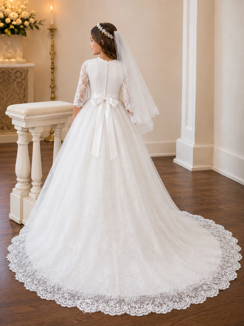 Langärmeliges Kommunionkleid mit Schleppe und Spitze, ideal für Blumenmädchen und Kommunion view 2