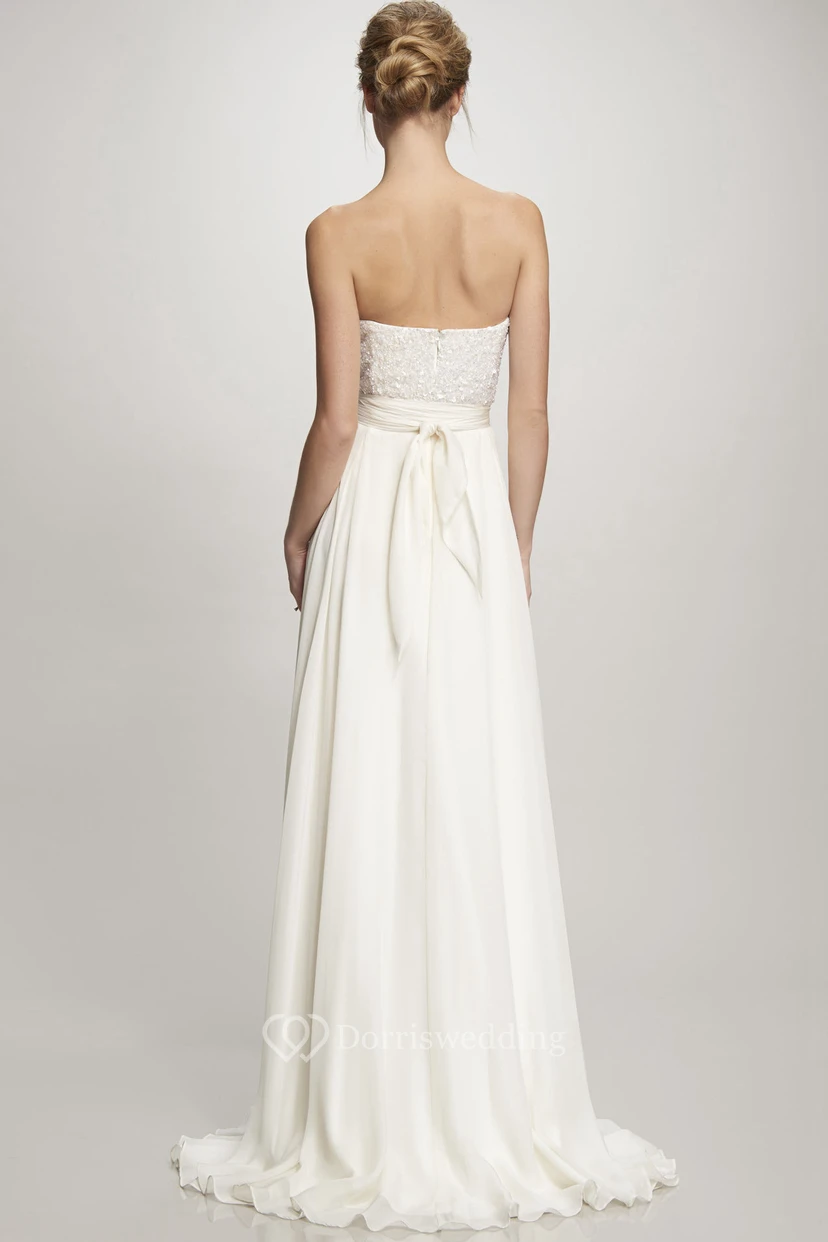 Sweetheart Floor-Length Beaded Bowed Chiffon Wedding Dress With Brush Train view 2