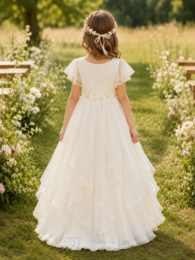 Blumenmädchenkleid aus elfenbeinfarbener Spitze und Tüll, A-Linie, kurze Ärmel, Rundhalsausschnitt, Teelänge view 2