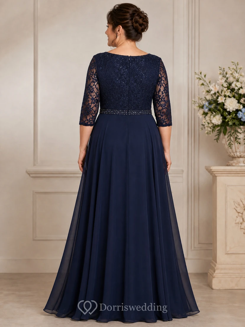 Plus Size A-Line Bateau 3/4 Length Sleeve Chiffon Mother Dress with Lace view 2