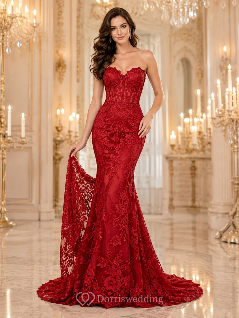 Robe de mariée sirène rouge bustier en dentelle avec traîne chapelle