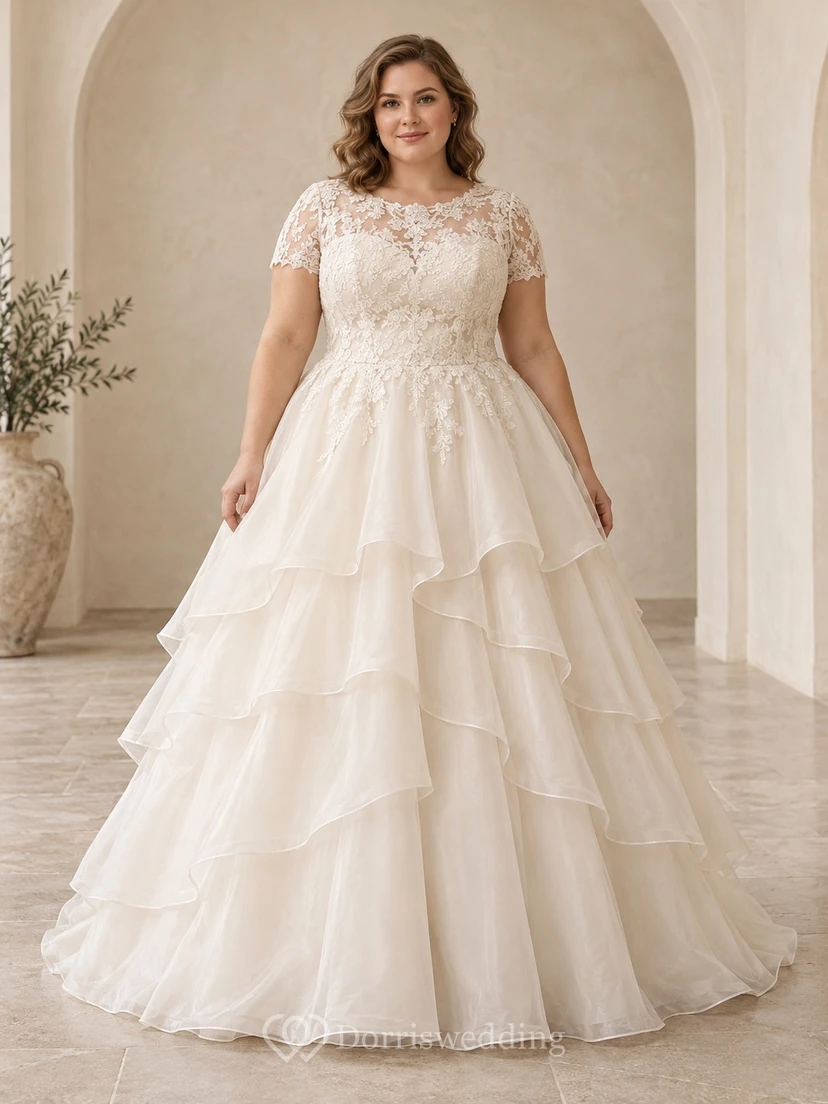Vestido de novia modesto de encaje con escote redondo, mangas cortas y capas de tul en cascada.