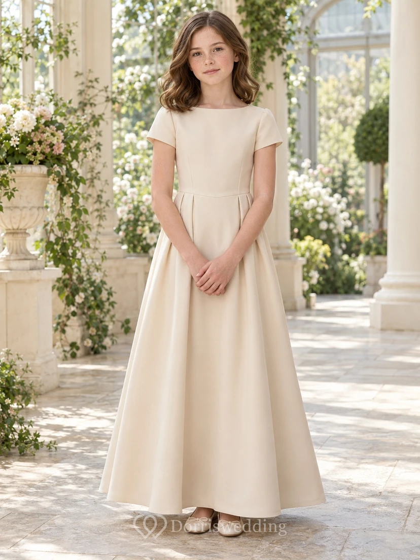 Simple Modest Champagne Ankle-length Short Sleeve Broad Hip Pleated Flared Flower Girl Dress view 2