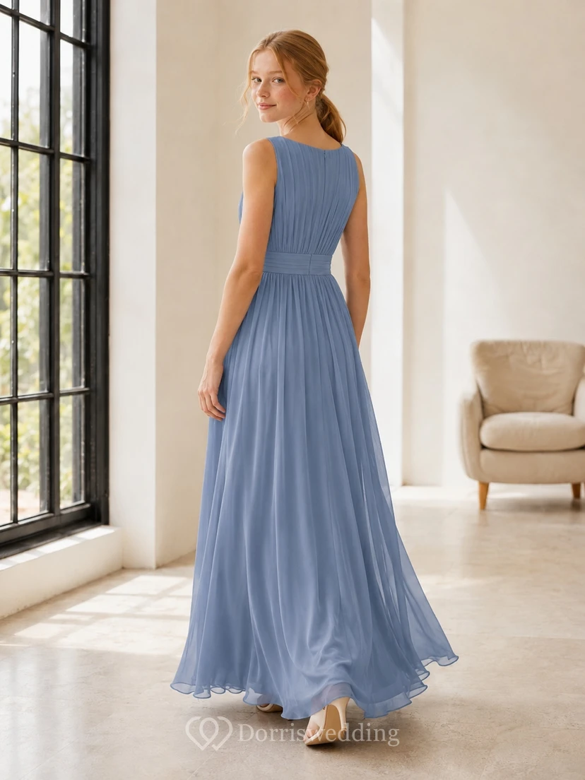 Stahlblaues, elegantes A-Linien-Brautjungfernkleid aus Chiffon mit Schmucksteinen, ärmellos view 2
