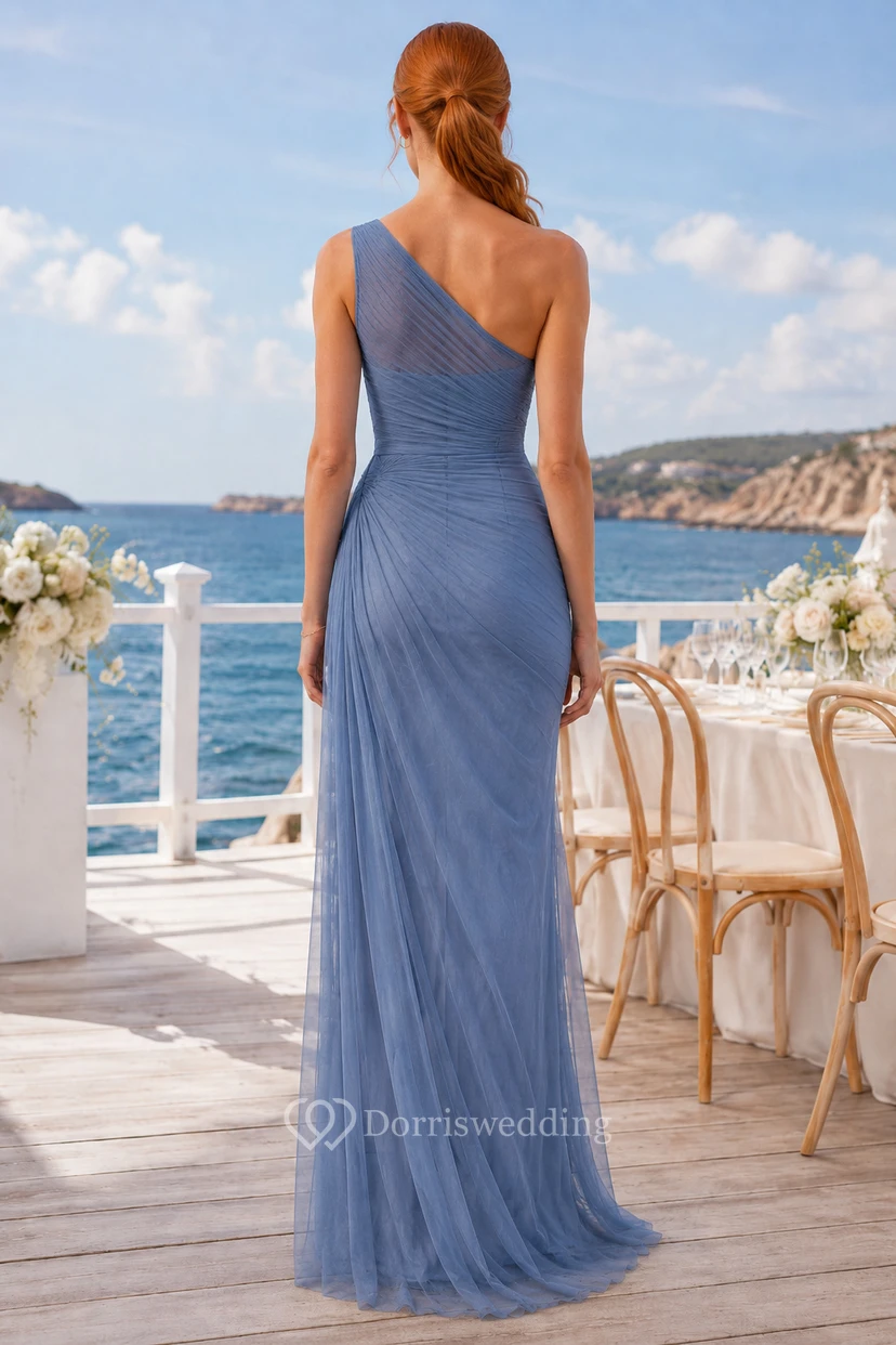 Vestido formal de tul fruncido de un solo hombro en color azul acero view 2