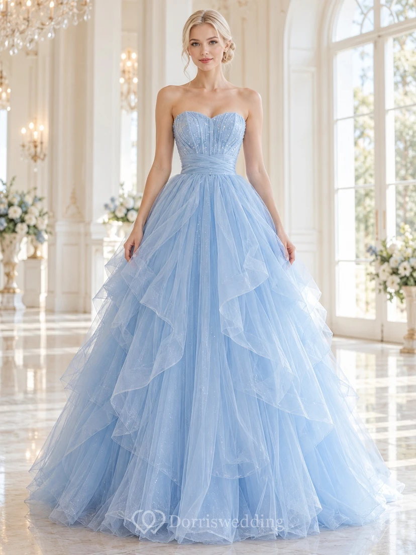 Robe de bal bleu ciel féerique sans bretelles, décolleté cœur, plissée à volants en tulle