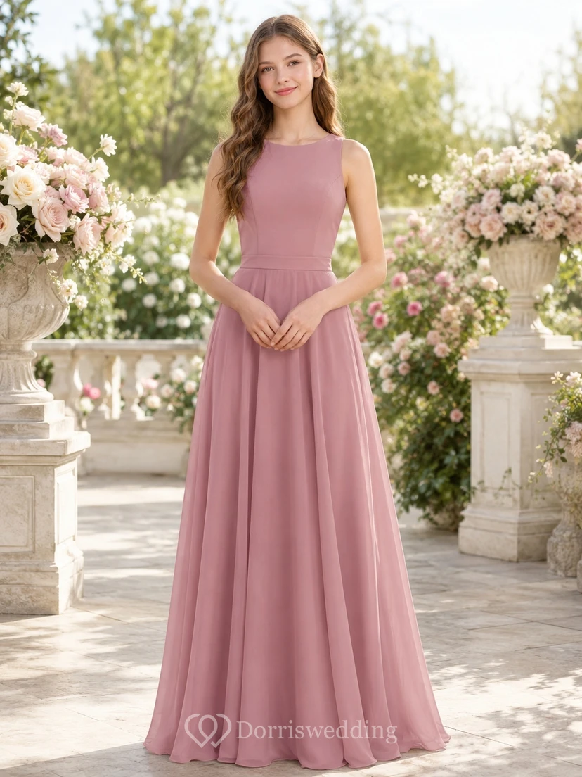 Romantisches, rosafarbenes Brautjungfernkleid in A-Linie mit Schmucksteinen, ärmellos, aus Chiffon mit Schleifendetail