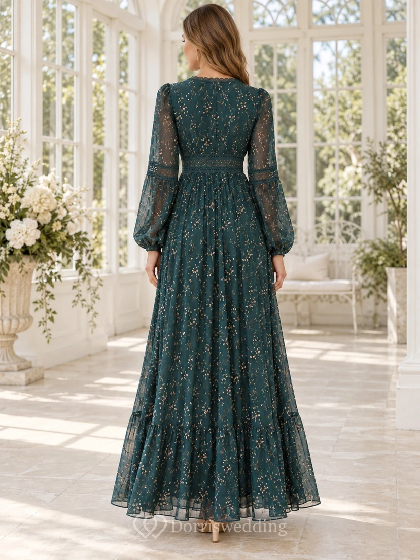 Boho-Pfauen-Langarmkleid mit V-Ausschnitt und Blumenmuster für Hochzeitsgäste view 2