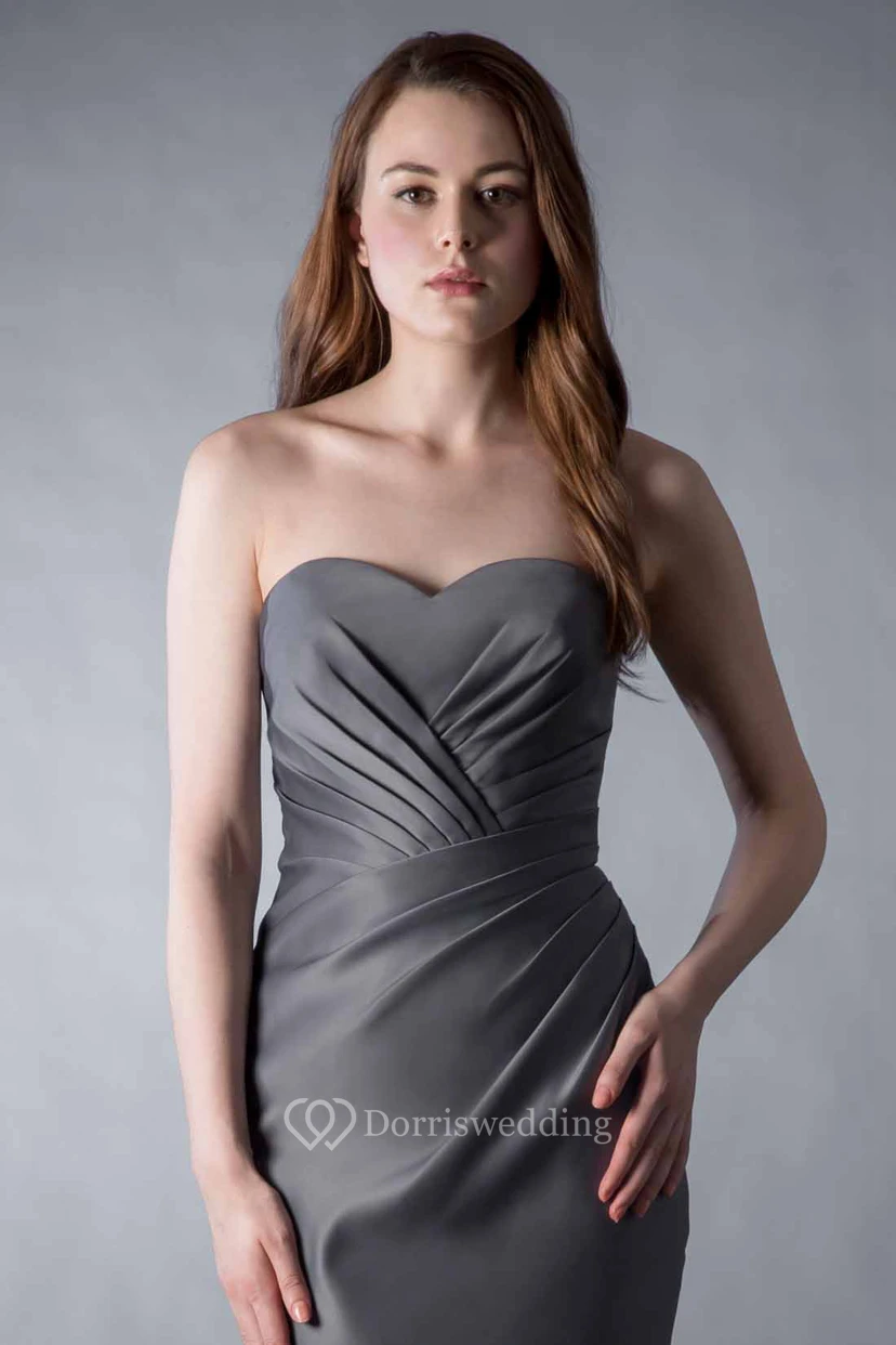 Pencil Knee-Length Ruched Sleeveless Sweetheart Satin Bridesmaid Dress view 3