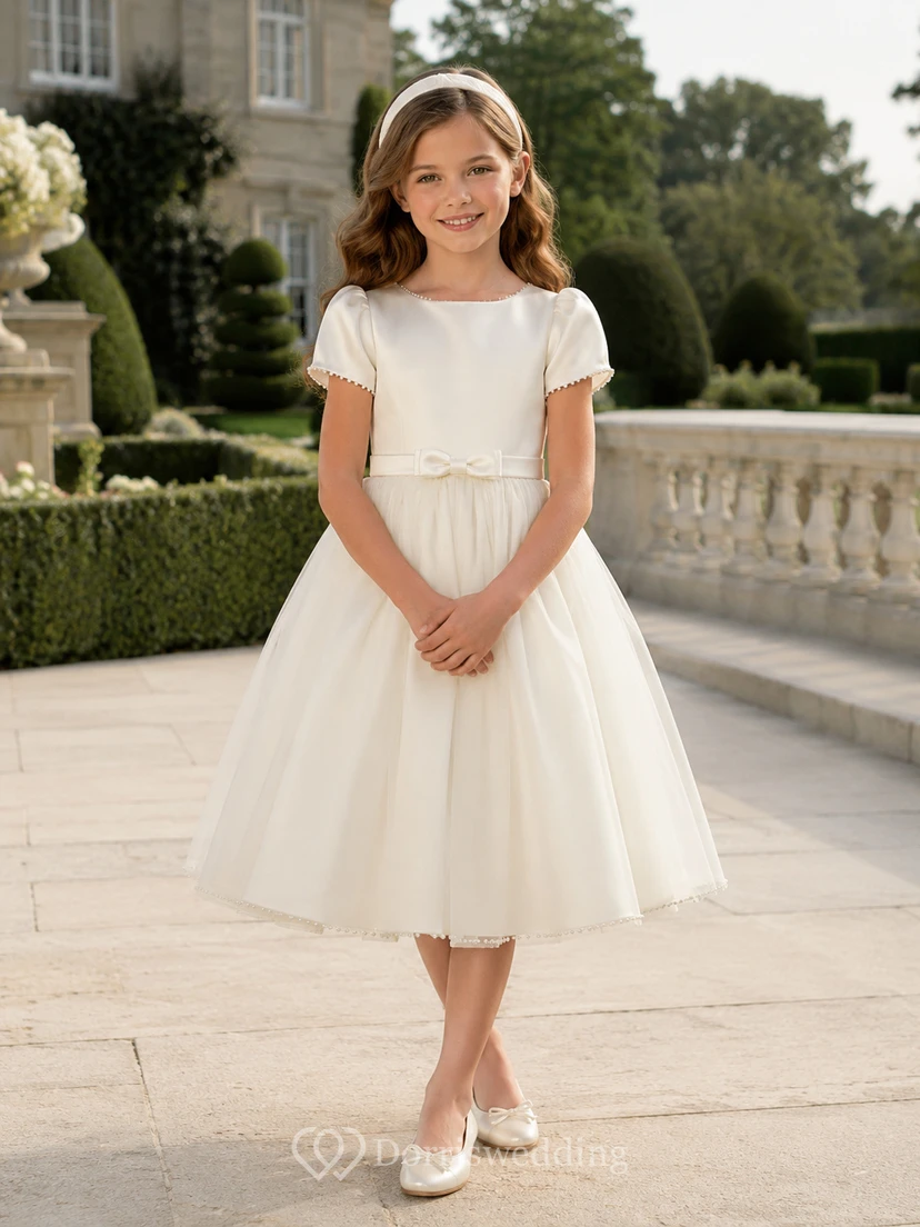 A-Line Old Money Flower Girl Dress with Cap Sleeves, Smooth Satin Bodice, Tea-Length Skirt, Rear Waist Bow, Refined Formal Style