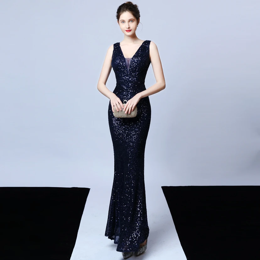 Robe de soirée élégante et longue sans manches à sequins Aura Queen, style banquet, coupe sirène. view 38