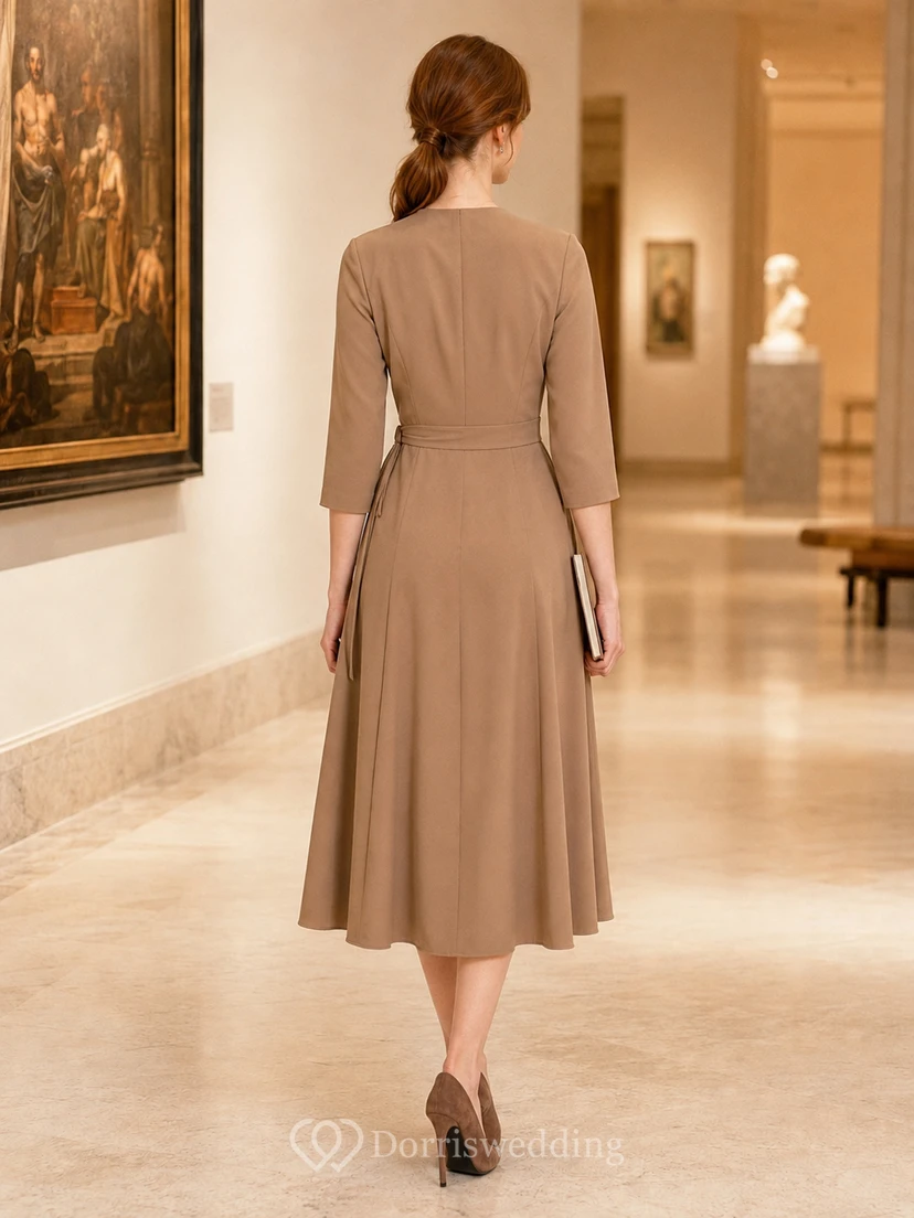 Mocha V-neck wrap three quarter museum lecture dress view 2