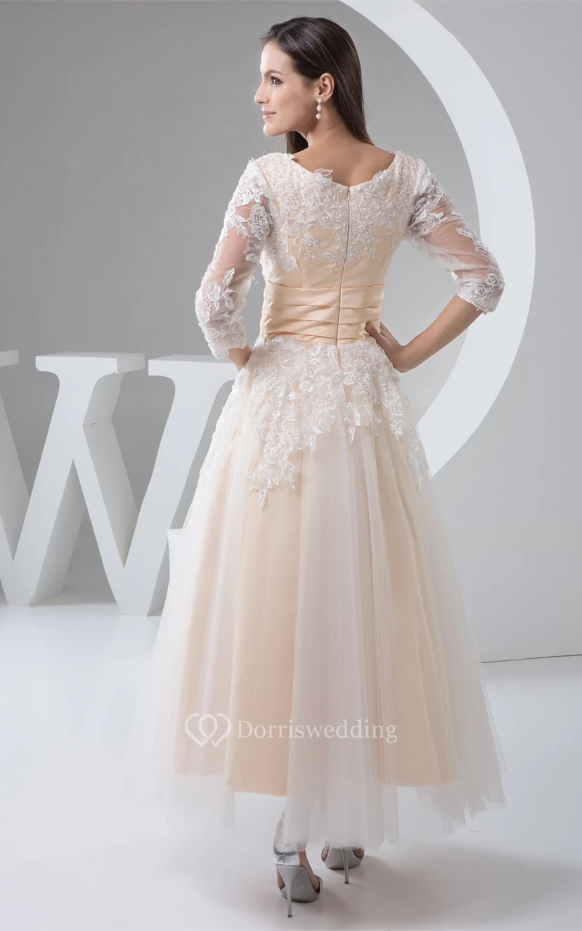 Deep-V-Neck Half-Sleeve Ankle-Length Lace Dress With Pleats view 6