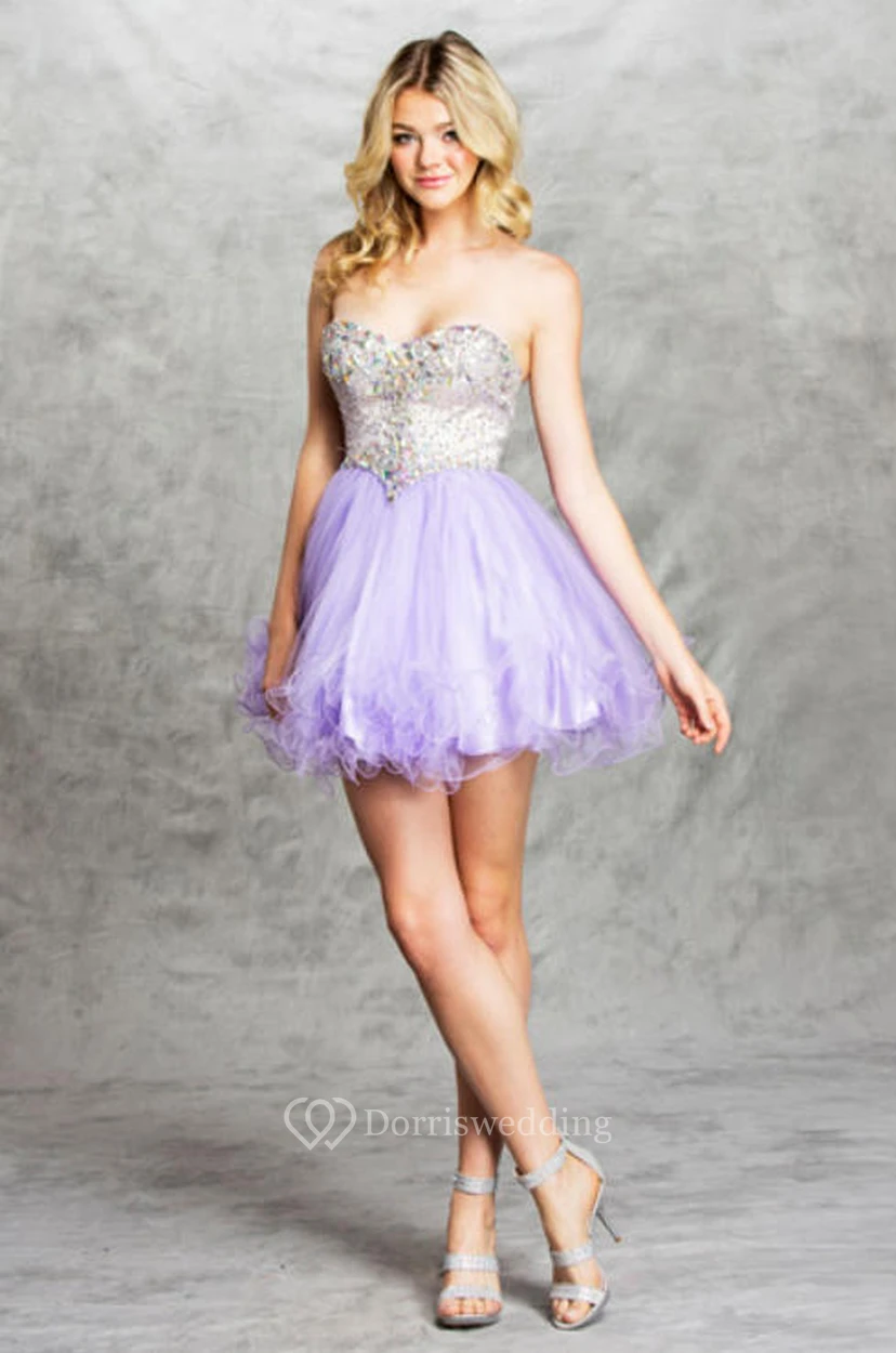 A-Linien-Minikleid mit herzförmigem Herzausschnitt, ärmellos, rückenfrei, aus Tüll, mit Perlenstickerei und Rüschen view 4