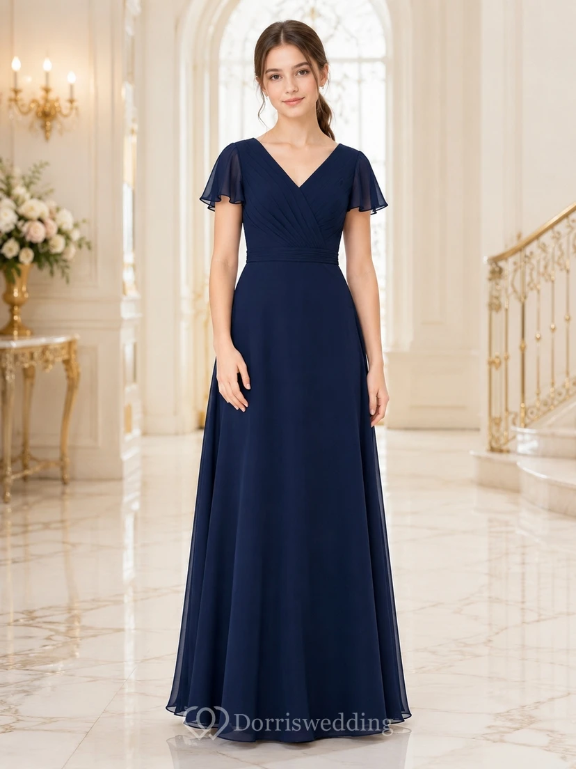 Dark Navy Junior Bridesmaid Dress A-Line V-Neck Short Sleeves Elegant