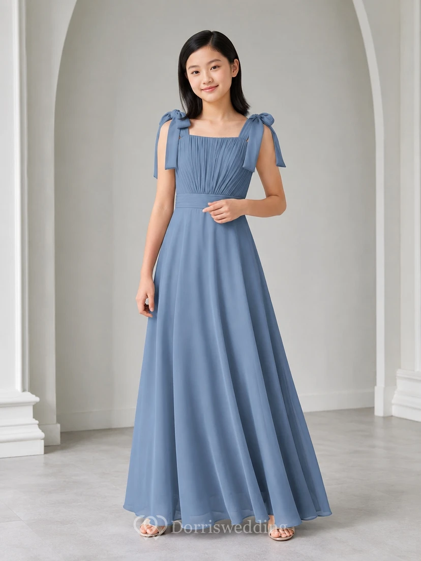 Stahlblaues Brautjungfernkleid für junge Mädchen, A-Linie, eckige Schulterpartie, ärmellos, Schleifen