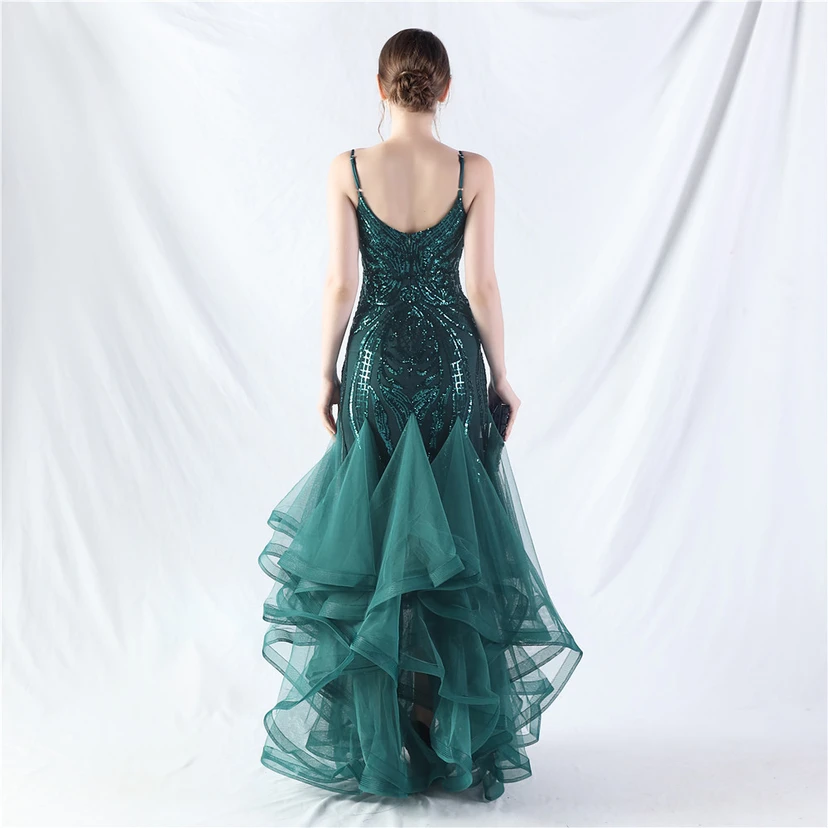 Vestido de actuación para celebración de baile caliente con cuentas de flores y posicionamiento de red rígida. view 15