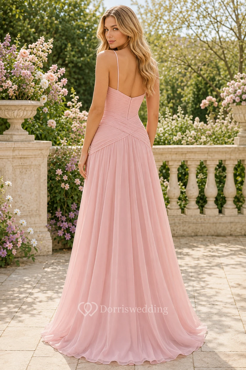 Plus Size Brautjungfernkleid aus zartrosa Chiffon in A-Linie mit Herzausschnitt und gerafftem Oberteil view 2