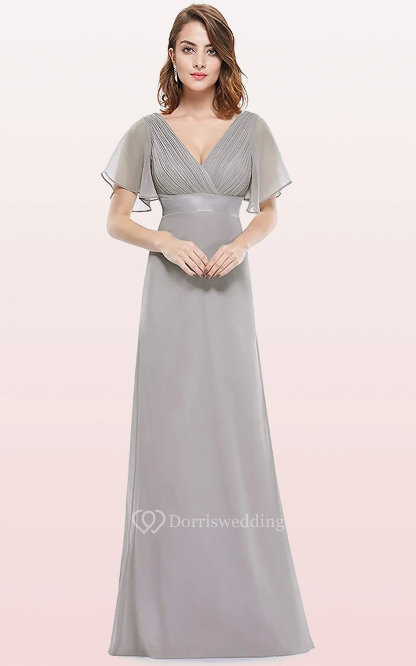 Elegant Chiffon V-neck A Line Short Sleeve Prom Mother Dress With Ruffles view 8