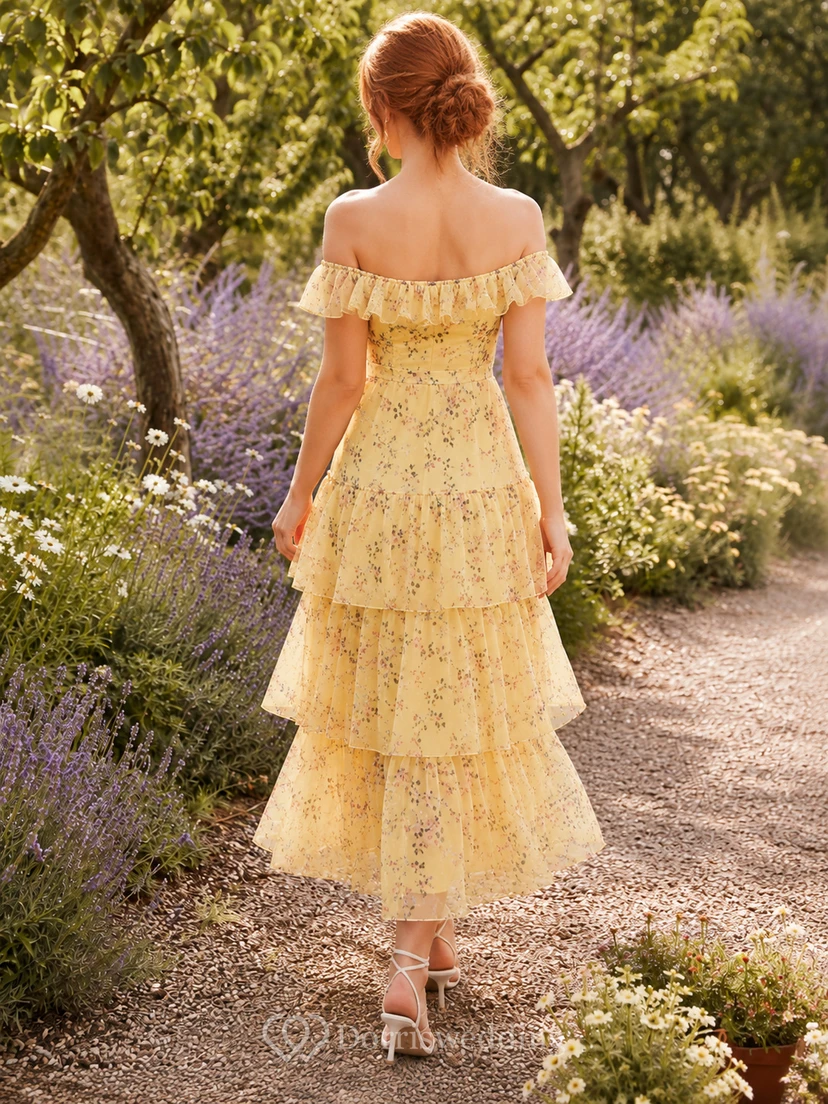 Yellow Floral Off Shoulder Tiered Garden Midi Dress view 2