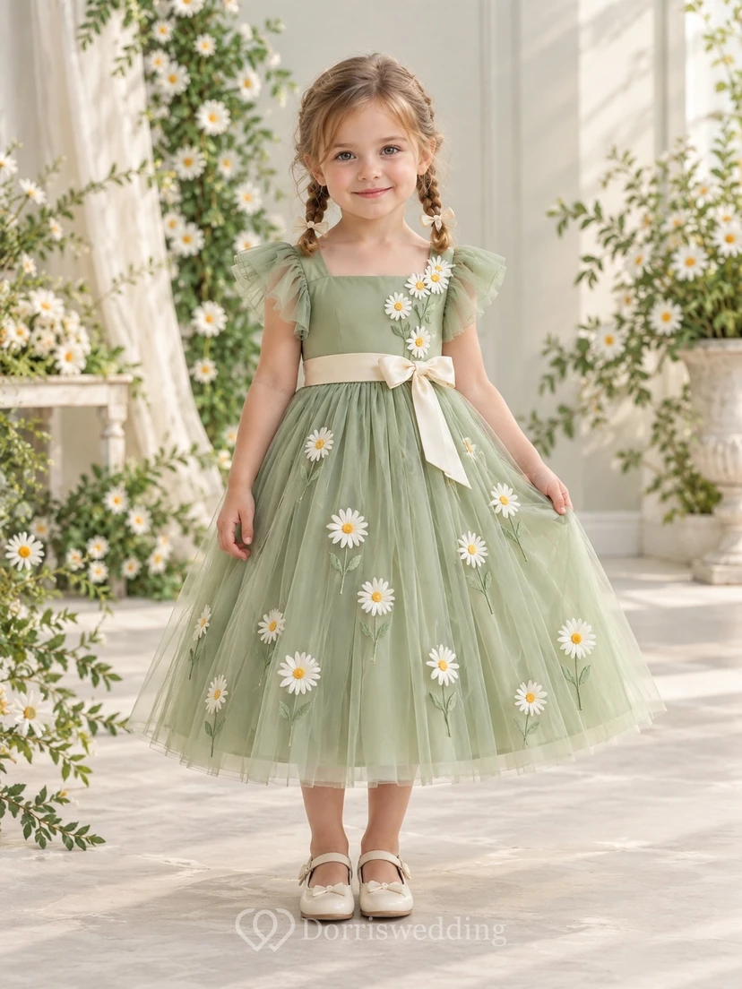 Teelanges, eckiges Ausschnittkleid aus salbeifarbenem Tüll mit floralem A-Linien-Schnitt, flatternden Ärmeln und elfenbeinfarbener Schärpe für Blumenmädchen