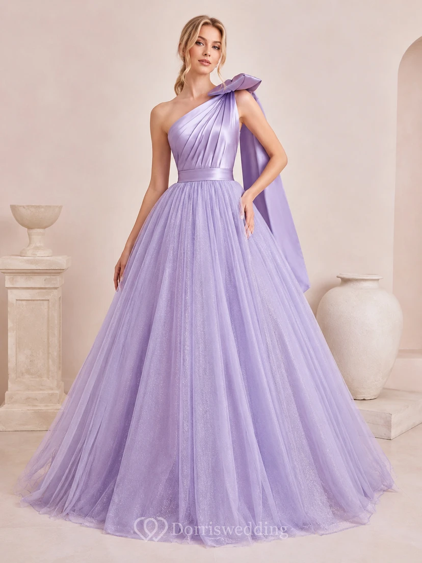 Oversized Shoulder Bow Lavender Ball Gown Floor-length One-Shoulder Sleeveless Tulle Luxury Modern Prom Quinceanera Celebrity Dress