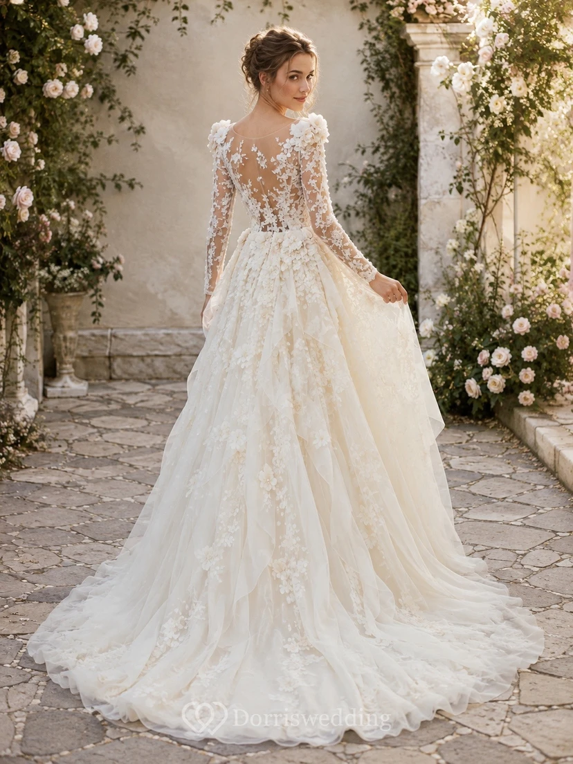 Vestido de novia elegante de encaje con mangas largas y corte en A de estilo vintage view 2