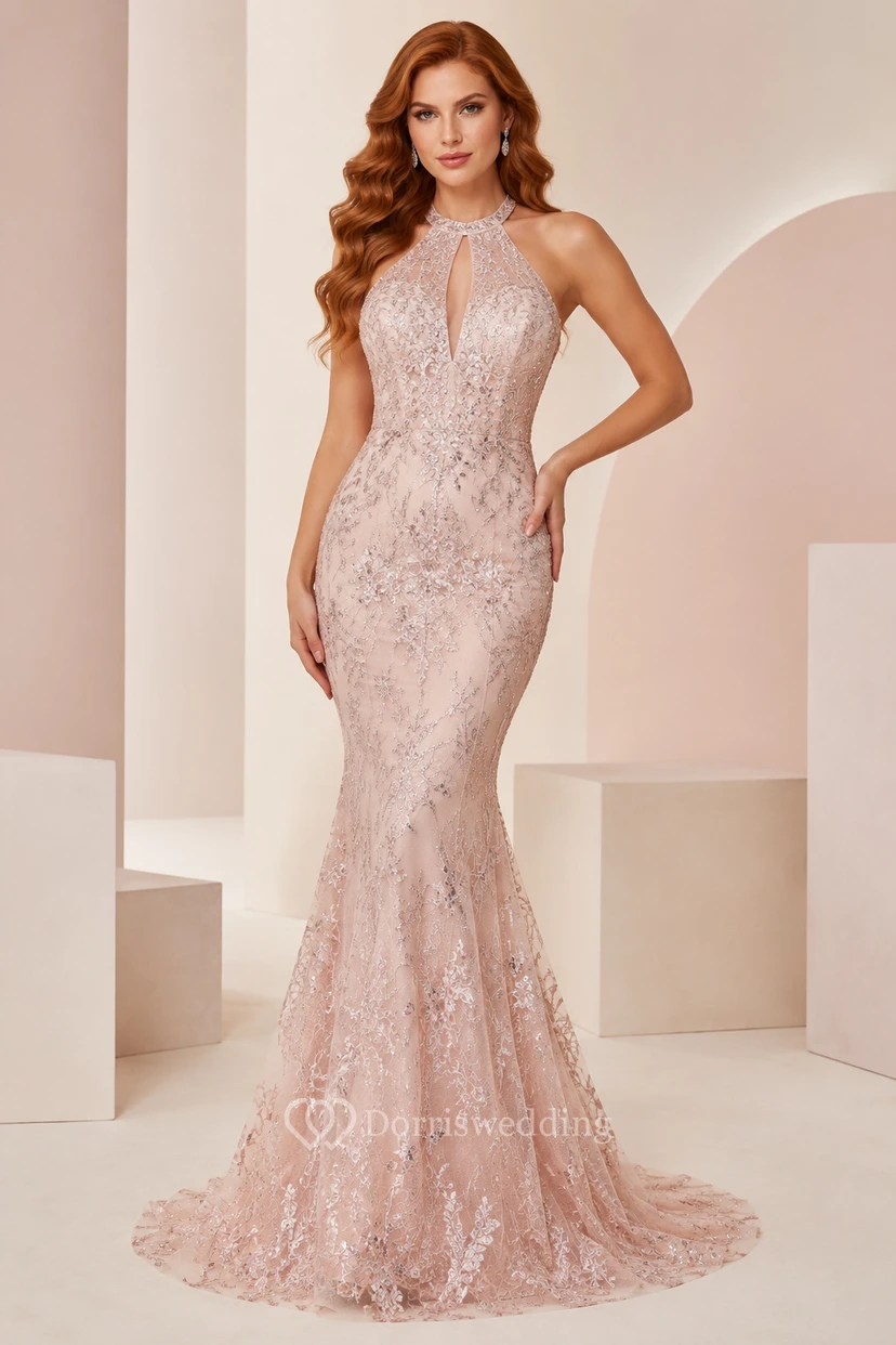 Blushing Pink Halter Beaded Mermaid Formal Dress with Deep V Neck and Open Back