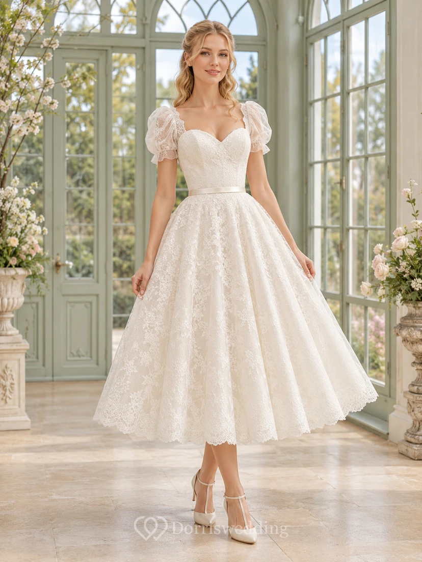 Robe de mariée trapèze en tulle et dentelle florale à manches bouffantes et décolleté cœur