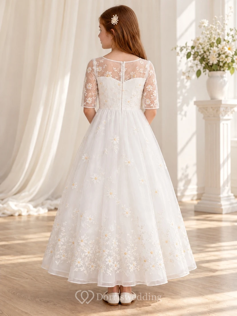 Modest White Ankle-length Illusion Neck Half Sleeve Daisy Communion Dress view 2