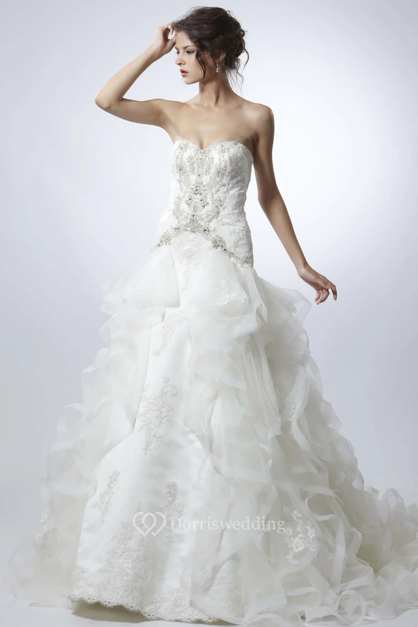 A-Line Ruffled Long Strapless Sleeveless Organza Wedding Dress With Appliques And Beading view 3