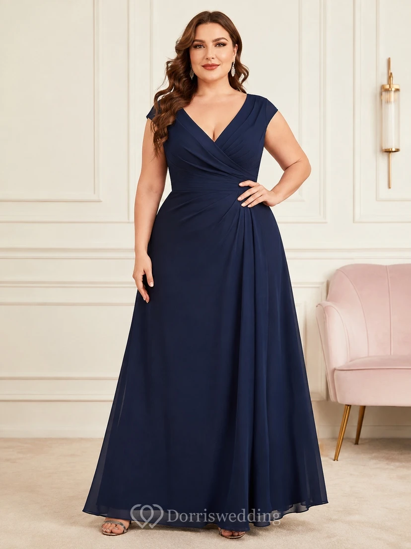 Dark Navy Plus Size V-neck Short Sleeve Chiffon A-Line Floor-length Formal Gown