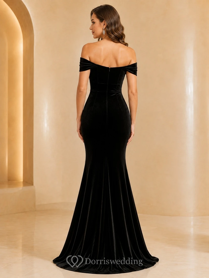 Black Velvet Off Shoulder Short Sleeve Mermaid Floor Length Sweep Train Formal Dress view 2