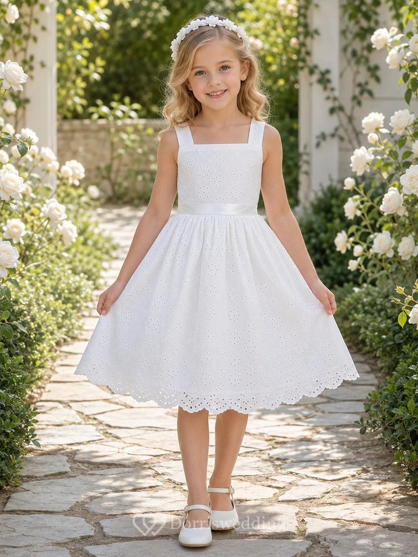 Adorable robe de demoiselle d'honneur champêtre en coton ajouré, col carré, sans manches, dos festonné et nœud, longueur genou, coupe trapèze.