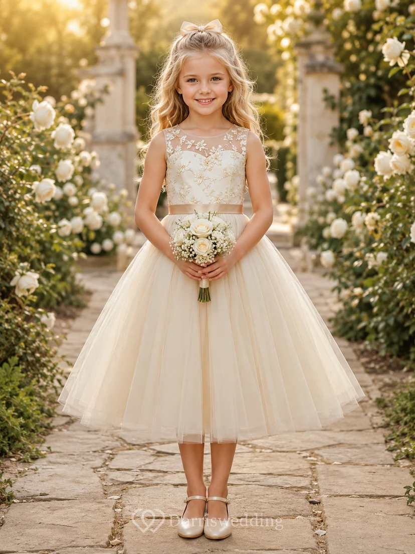 Blumenmädchenkleid aus champagnerfarbener Spitze und Tüll, A-Linie, Rundhalsausschnitt, Teelänge, Schärpendetails