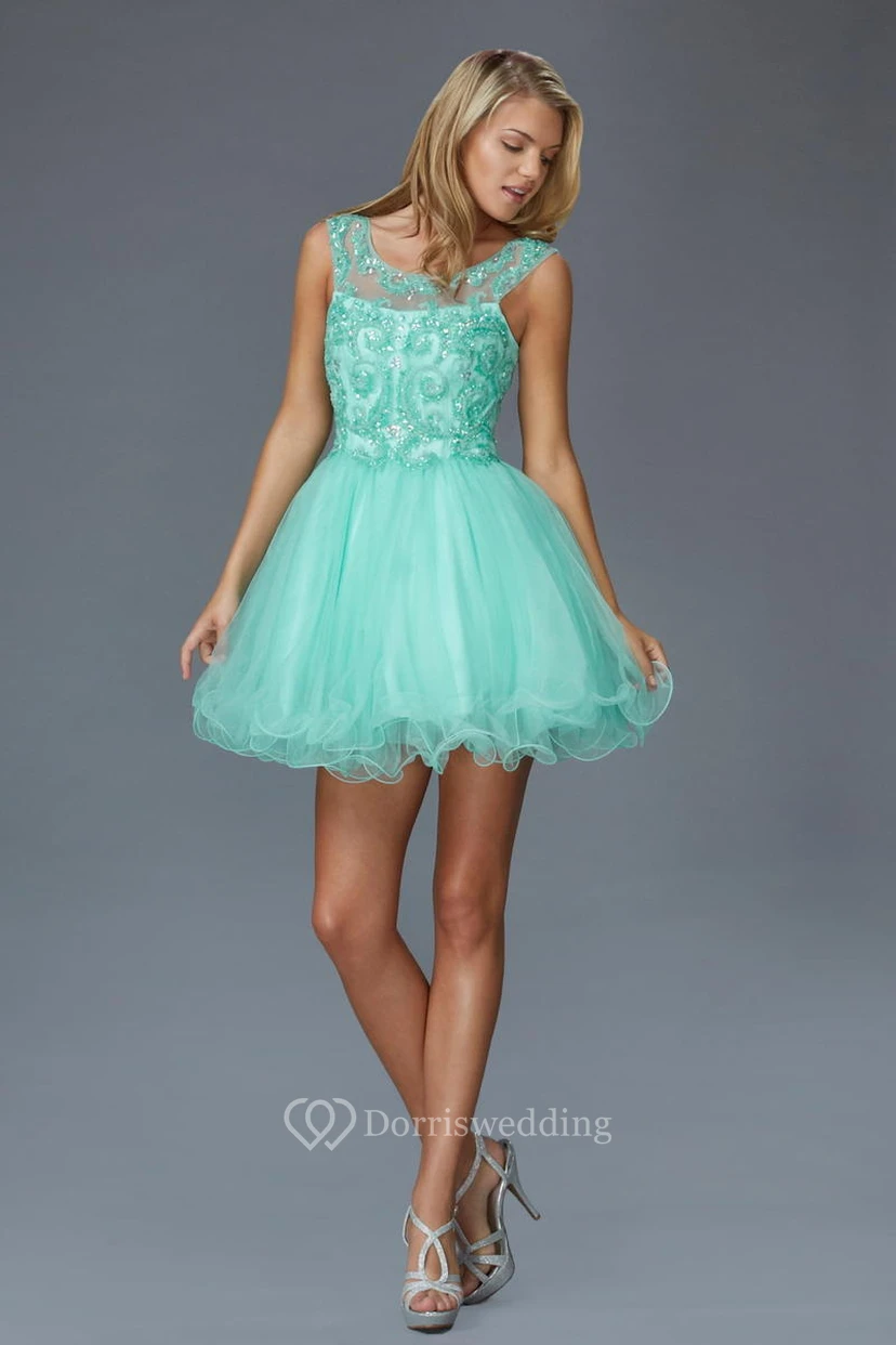 A-Line Mini Bateau Sleeveless Tulle Low-V Back Dress With Sequins And Beading view 3
