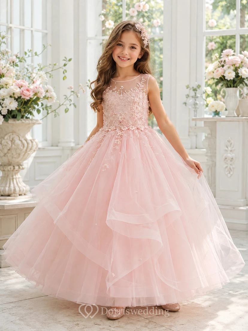 Full Tulle Ball Gown Flower Girl Dress with Short Sleeves, Jewel Neck and Floor-Length Skirt