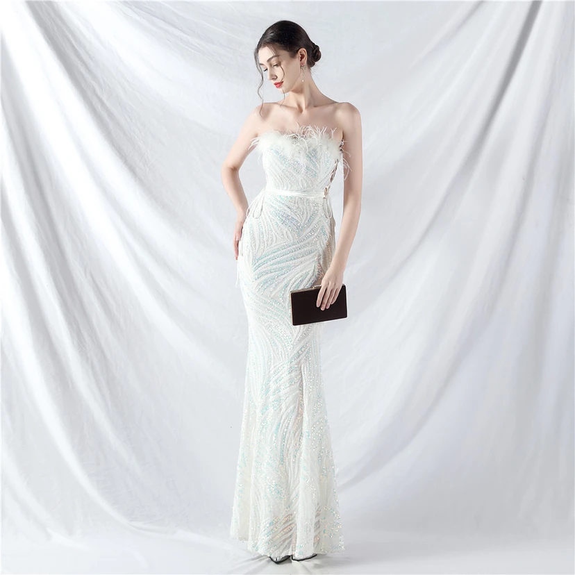 Double-Binding Rope-Binding Craft-Made Ostrich Feather Encrypted Laminated Beads High-End Evening Dress view 34