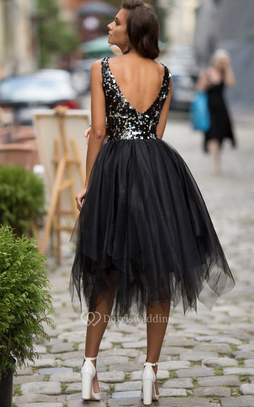 Sexy, knielanges A-Linien-Abendkleid aus Tüll mit tiefem Ausschnitt und Rüschen view 2