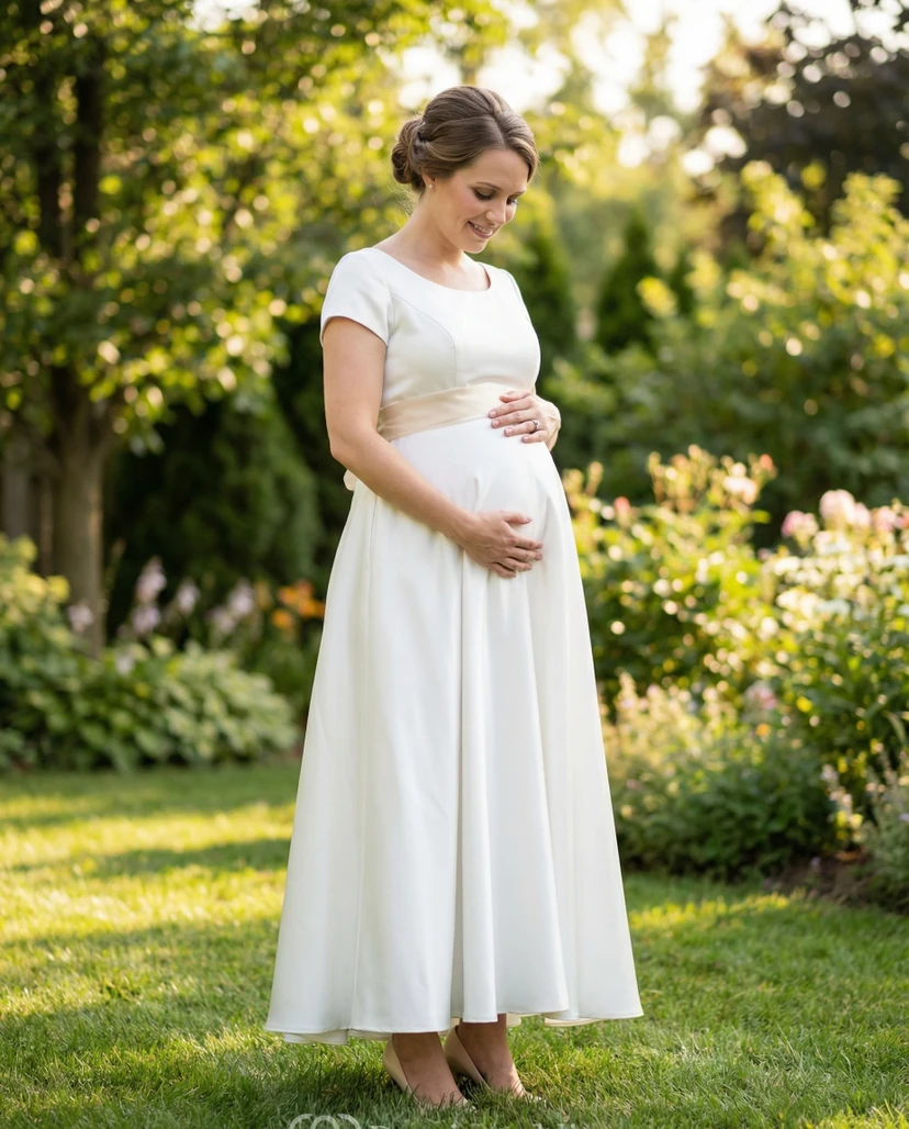 White Short Sleeve Maternity Wedding Dress with Empire Waist