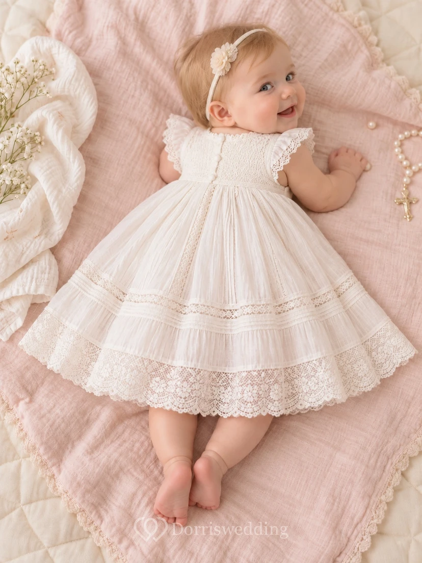 Elfenbeinfarbenes Taufkleid für Babys mit Spitzenbesatz, kurzen Ärmeln und Schleifen. view 2