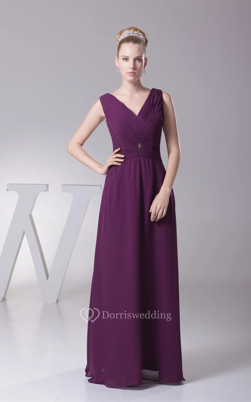 Plunged Chiffon Floor-Length Criss-Cross Bolero and Dress With Broach view 7