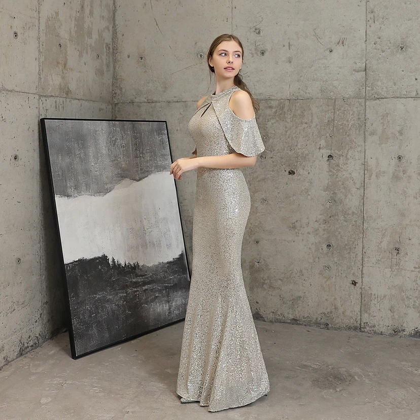 Banquet Temperament Elegant Long Short-Sleeved Sequin Aura Queen Fishtail Evening Dress view 20