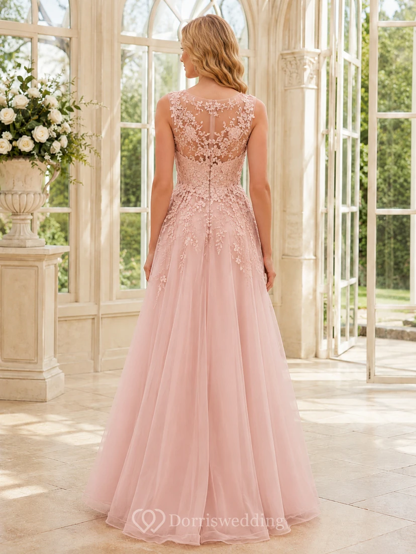 Blush V-Neck Floral Applique Tulle Formal Dress view 2