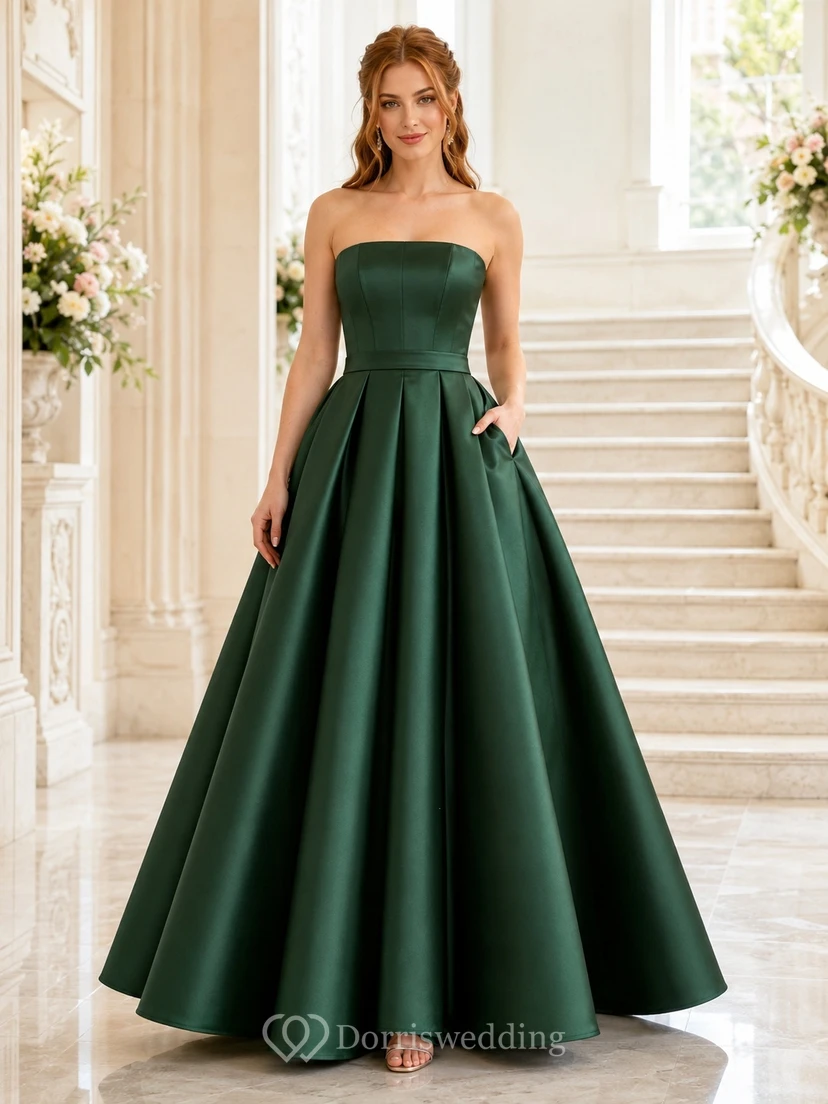 Waldgrünes, trägerloses, ärmelloses Ballkleid aus Satin, bodenlang, mit Taschen