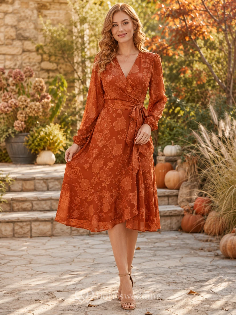 Robe de maternité orange cache-cœur, col en V, manches longues en dentelle, ceinture, coupe trapèze, longueur midi